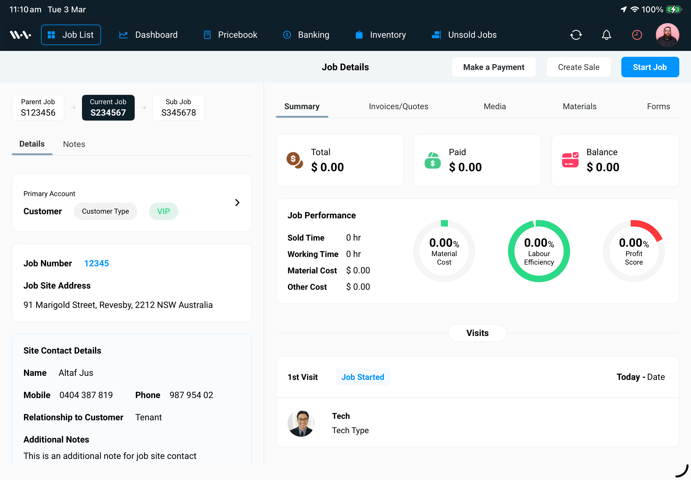 WurkBox Job Details on iPad — Profit Score and performance gauges