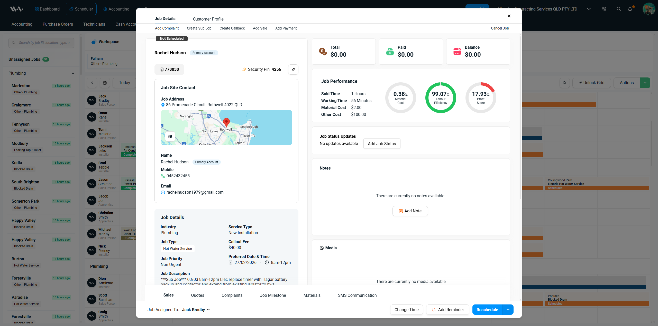 Wurk Box Job Details — Profit Score, Labour Efficiency, and Material Cost gauges